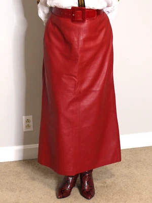 Mujer Falda de Cuero Roja 12 Línea A Secretaria Larga De Colección Preston York Rara Foto 1 de 4