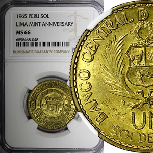 PERU Brass 1965 1 Sol NGC MS66 400th Anniversary of the Lima Mint KM# 240 (48) - Picture 1 of 5