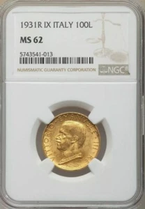 ITALIA, ORO 100 LIRAS VITTORIO EMANVELE III 1931 R IX NGC MS 62, RARO1 - Imagen 1 de 2
