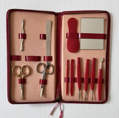 Vintage Manicure Set • RED Leather Zipper Case • 11 Tools + Mirror • Germany - Image 1 of 4