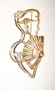 LADY REMINGTON Gold Tone LR  Victorian Lady Fan Silhouette Rhinestone Brooch Pin - Picture 1 of 3