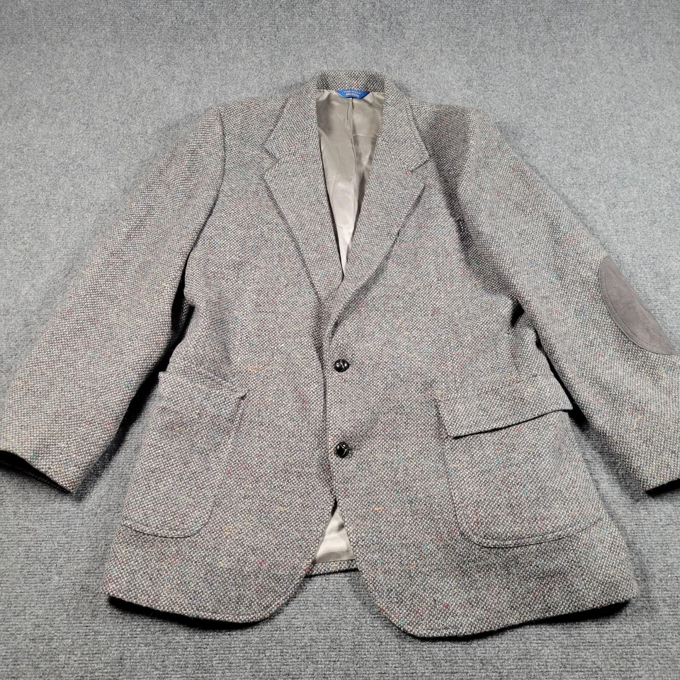 Jaqueta Blazer Pendleton Vintage Masculina 44 Alta Cinza Tweed Lã Cotovelo Patch Anos 80 EUA - Imagem 1 de 4