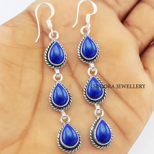Lapis Lazuli Gemstone 925 sterling silver handmade Dangle/Drop Earrings 2.75" - Picture 1 of 4