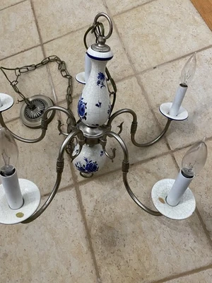 White and Blue Porcelain Chandelier Light Fixture - Image 1 of 4