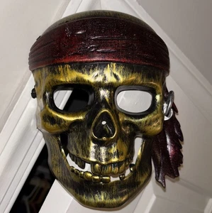 Caribbean Pirate Skull Halloween Mask Costume Accessory Red Gold Metallic Head - Picture 1 of 2