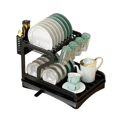 Estante escurridor de platos expandible de 2 niveles con bandeja de goteo soporte para cubiertos estante para platos Foto 1 de 4