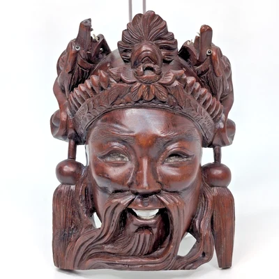 Vintage Asian Chinese Mongolian Wood Emperor Deity Face Décor – Rare Hand‑Carved - Imagem 1 de 4