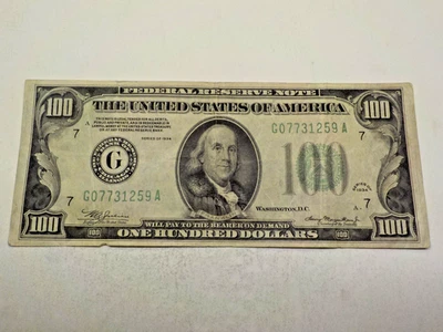 RARE 1934 $100 DOLLAR BILL G07731259A LIGHT GREEN SEAL, CHICAGO - Image 1 of 4