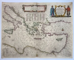 MEDITERRANEAN SEA 1650 JAN JANSSON LARGE UNUSUAL ANTIQUE SEA CHART - Picture 1 of 11