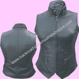 Ladies Women Lambskin Black Leather Vest Zipper Front Collar Biker Motorcycle - Picture 1 of 3