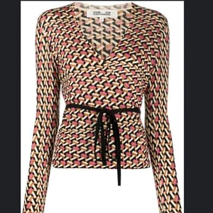 Diane Von Furstenberg Merino Wool geometric pattern wrap cardigan S Small - Picture 1 of 5