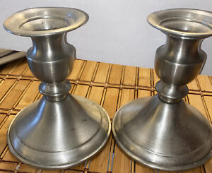 Vintage Pair Leonard Genuine Pewter Weighted Candlestick Holders Classic Design