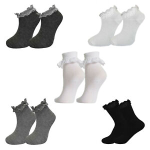 Girls Ankle Frilly Top Trainer Lace Socks Trims Ruffle School Black Grey Whites