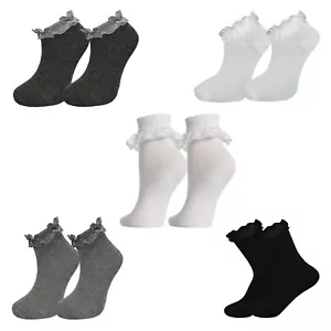 Girls Lace Socks Ankle Frilly Top Trainer Trims Ruffle School Black Grey Whites - Picture 1 of 7