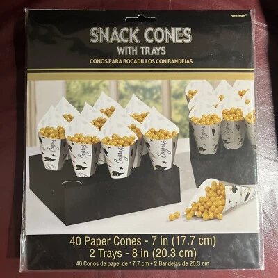 Snack Cones, 40 Paper Holders 2 Trays Black Gold Congrats Graduation Amscan NIP - Image 1 of 4