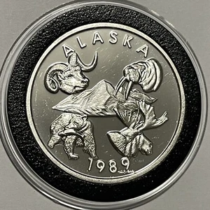 1989 Alaska Walrus Moose Bear Ram Proof Coin 1 Troy Oz .999 Fine Silver Round - Picture 1 of 12