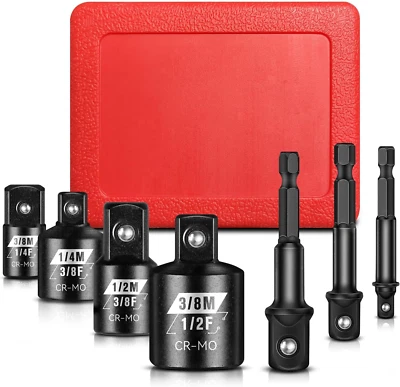 7PCS Impact Socket Adapter Set, 1/4" 3/8" 1/2" SAE Drill Socket Adapter Set, Squ - Image 1 of 4