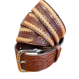 Brown Leather Mens 42 Western Belt Beige Dk Brown Stitching Southwest Cowboy - Picture 1 of 9
