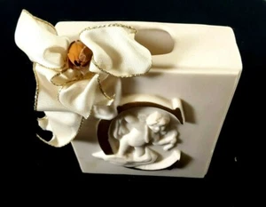 Vintage Bisque Vase Cupid Ceramic Rectangular w Ribbon - Picture 1 of 6