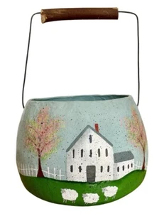 HandPainted Gourd Bucket w Handle by Pat Olson HandSigned Spring Scene Vintage - Picture 1 of 6