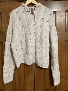 Neu mit Etikett Elie Tahari 100 % Kaschmir cremefarbener Kapuzenpullover mit Zopfmuster Damengröße Large - Bild 1 von 5