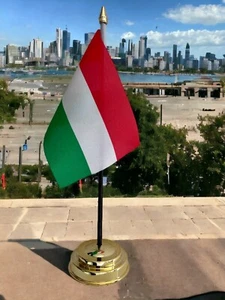 HUNGARY TABLE FLAG 6"X4" 15cm x 10cm WITH FLAT GOLDEN BASE 25cm tall - Picture 1 of 1