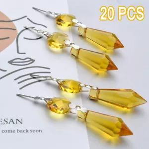 20 Set Chandelier Lamp Clear Crystal Icicle Prisms Bead Hanging Yellow Pendant - Picture 1 of 8