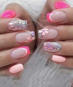 floral colorfull Square False Nails French Manicure Fake Tip Press On medium glu - Picture 1 of 6