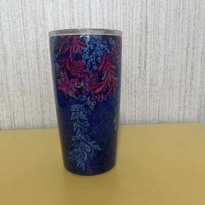 Botella de agua Lilly Pulitzer de acero inoxidable con estampado de hojas azul y rosa Foto 1 de 4