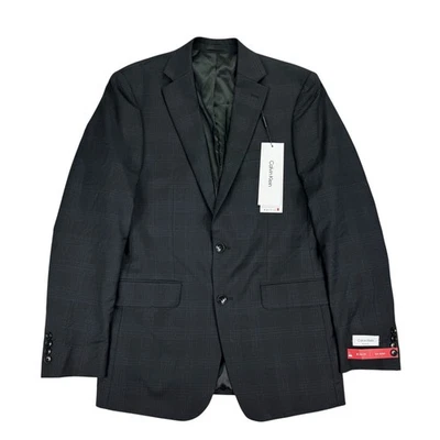 Calvin Klein Para Hombres X Calce Ajustado Mezcla de Lana Elastizado A Cuadros Traje Chaqueta Negro Azul 40L Foto 1 de 4