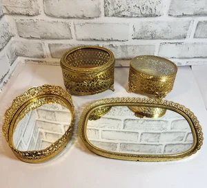 Vintage Hollywood Regency Gold Tone Filigree Vanity Boudoir Dresser Collection - Picture 1 of 24