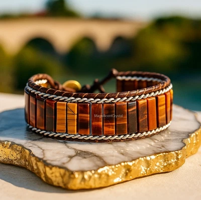 Pulsera Cuadrada Ojo de Tigre Piedra Protección Cristal Dorado Hombres Mujeres Joyería Foto 1 de 4