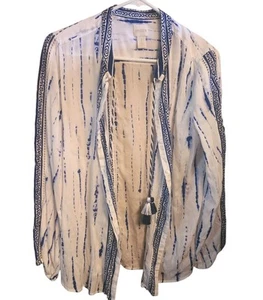 Chico's Womens Long Puff Sleeve Boho Blouse Size 1 White Blue Tie Die Tassels - Picture 1 of 5