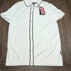 French Connection Men's Short Sleeve Casual Button Up Knit Size XL White Black - Picture 1 of 7