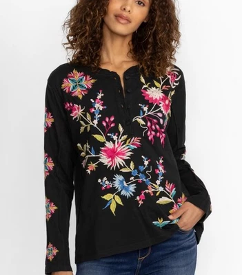 Johnny Was JWLA Julie Raw Seam Henley Top Boho Chic Size Large - Image 1 of 4