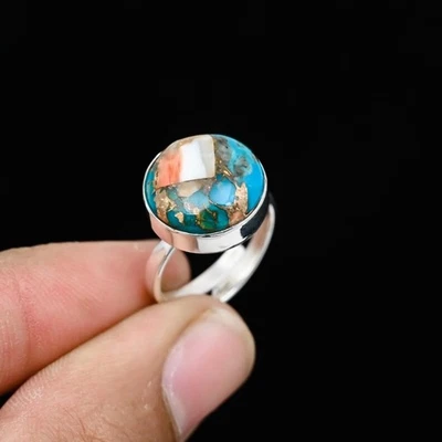 Oyster Copper Turquoise Ring, Solid 925 Sterling Silver Statement Wedding Ring - Image 1 of 4