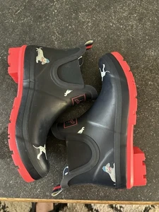 Joules Wellibob Womens Black Yellow With Dogs Ankle Rain Boots US7 EU38 EUC - Picture 1 of 9