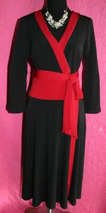 AGB DRESS Black Red Trim Dress Wrap Fluid Skirt Travel Knit Long Slve Sz 8 Midi - Picture 1 of 5