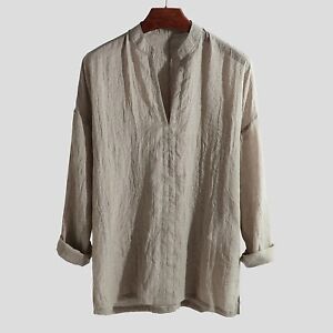 Mens Long Sleeve Cotton Linen Shirt Loose Blouse Button Down Shirts Casual Tops