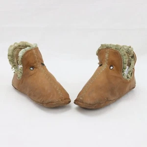 Antique Victorian Brown Leather Baby Bootie Shoes with Lace Trim - Picture 1 of 10