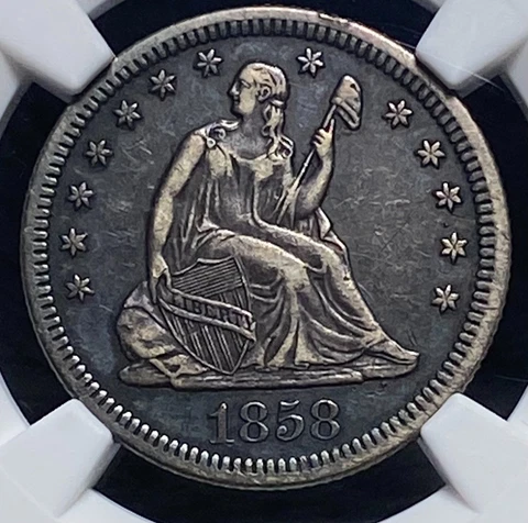 1858-O SILVER SEATED LIBERTY QUARTER NGC XF 45 Cover