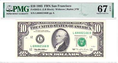 1995 $10 FRN San Francisco PMG Superb Gem Uncirculated 67EPQ #L68882166B - Image 1 of 2
