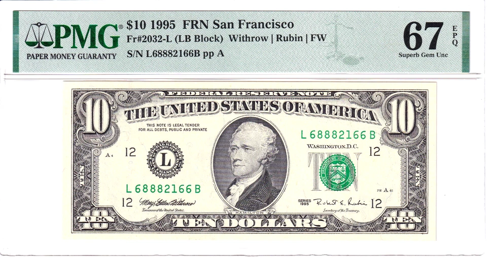 1995 $10 FRN San Francisco PMG Superb Gem Uncirculated 67EPQ #L68882166B - Image 1 of 2