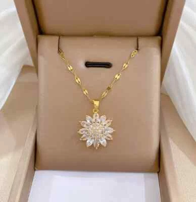 2 CT Round Moissanite Women's Sunflower Pendant Necklaces 14K Yellow Gold Plated - Image 1 of 4
