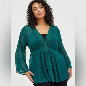 Torrid Babydoll Chiffon Lurex Häkel Schnürung transparent Bluse Damen 2X grün - Bild 1 von 10