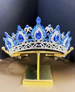 Silver Crown, Blue Crystal Tiara, Princess Tiara, Wedding Headband, Bridal Tiara - Picture 1 of 7