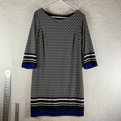 Vestido recto Donna Ricco para mujer 8 negro blanco azul geométrico cremallera trasera 7952 Foto 1 de 4