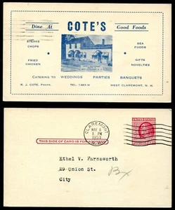 Cartolina WEST CLAREMONT New Hampshire 1953 Cote's Restaurant pubblicità - Foto 1 di 3
