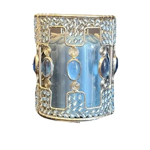 Pillar Candle Holder - Silver Wire Blue Beads - Includes 3.5" Scented Candle - Picture 1 of 4