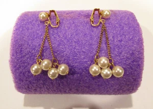 Faux Pearl Drop Clip On Earrings Sarah Coventry Gold Tone - Picture 1 of 2
